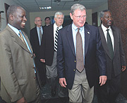 Senator James Inhofe (C) and his delegation in company of Defence Minister Marcel Gatsinzi (R) and the Ministry  Parmanent Secretary Dr. Zach Nsenga. (Photo/ J Mbanda).