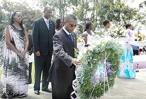 Senate President Vincent Biruta lays a wreath at the site where Politicians who were killed during theTutsi Genocide are buried at Rebero Site yesterday. (Photo J Mbanda).