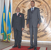 President  Paul Kagame with South African Ambasador D G Gwadiso at Urugwiro Village yesterday. (Photo J. Mbanda).