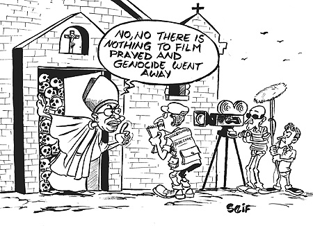 The Archbishop of Kigali, Thaddu00e9e Ntihinyurwa, is said to have prevented a film crew from shooting scenes inside the infamous Ste. Famille church where many people were killed during the 1994 Genocide against the Tutsi. He allegedly said that the church w