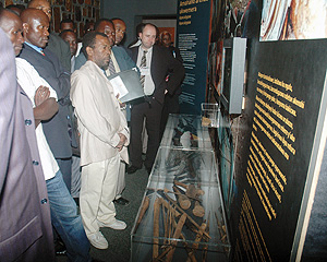 Regional Journalists being shown traditional weapons that were used during the 1994 Genocide against the Tutsi. This was after the end of the two-day conference that converged them in Kigali. (Photo/ J. Mbanda)