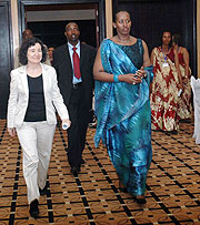First Lady Jeannette Kagame (R) and the UNIFEM Executive Director Ines Alberdi at the launch of the Progress of the Worldu2019s Women 2008-2009 Report on Monday. (Photo / J Mbanda)