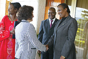 Speaker  of the parliament Rose Mukatabana, welcoming the UNIFEM Executive Director Ines Alberdi while UN Resident Coordinator  Aurelien Agbenounci  and UNIFEM Regional Director Josephine Odera look on. (Photo / G. Barya)
