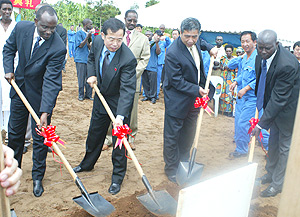 (L-R) Health Minister Dr Richard Sezibera, Chinese Ambassador Sun Shuzhong, Li Hong of China Top International Engineering company and Kicukiro Mayor Paul Jules Ndamage  during the commissioning of the Hospital yesterday. (Photo / G. Barya).