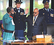 South African President Jacob Zuma being sworn-in yesterday by the South African Chief Justice.