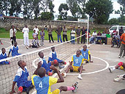 Musanze and Rubavu teams in action during the last phase of national sitting volleyball championship, which was abandoned due to heavy rains two weeks ago in the Northern Province. (Photo / B. Mukombozi)