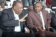 PROPOSED: Ferwafa boss Brig. Gen. Jean Bosco Kazura (R) seen here with Caf chief Issa Hayatou during the African Youth Championships in Kigali. Kazura has confirmed the friendly match with Malawi but is not sure of the date. (File photo)