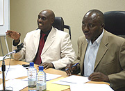 Director for Taxpayer services Department Nkusi Mukubu Gerard (L)talking at the workshop, while the Commissioner for Domestic taxes looks on. ( Photo GBarya).