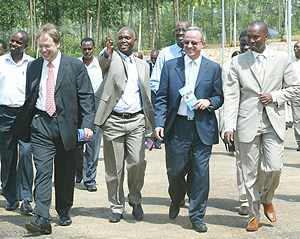 WB Senior Vice President External Affairs,Marwan  Muasher(2nd right) being conducted around the Jabana plant by Electrogaz, head, Yves Muyange(R). With them are Eric Fernstrom WB Energy Specialist and Felix Gakuba during their visit to the plant yesterday
