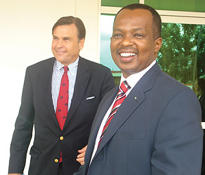Minister Vincent Karega with the US ambassador to Rwanda Stuart Symington after the presentation. (Photo/ M. Gahigi)