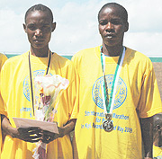 Epiphanie Nyirabarame (R) finished second to Tanzaniau2019s Sarah Ramadhani(L).