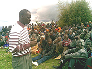 Minister Stanislas Kamanzi addressing Rutsiro residents recently following the decision to relocate them from Gishwati forest. (Photo M Tindiwensi).