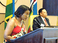 Minister for East African affairs Monique Mukaruliza delivering her opening remarks during a recent EAC retreat (File Photo)