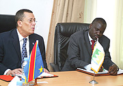 DR Congo Minister of Water Jose Endundu and his Rwandan counterpart Stanislas Kamanzi during the formeru2019s recent visit to Rwanda. (File Photo).