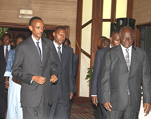 Presidents Mwai Kibaki and Paul Kagame arrive for the Seventh National Prayer Breakfast in Nairobi yesterday. (PPU/ Photo).