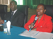 Commerce and Industry Minister Monique Nsanzabaganwa (R) speaking during the Public accountability day. With her are PS Antoine  Ruvebana  (Photo J Mbanda)