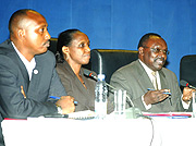 Central Bank Governor  Francois Kanimba(R) State minister for Agriculture Agnes Kalibata (C) and PS MINAGRI Ernest Ruzindaza  at Launch of the of Rural Investment Facility (RIF 2) yesterday. (Photo GBarya).