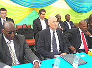 David Rwiyamirira, Ted Abrahamson and Governor Celestin Kabahizi at the SOPYRWA event in Musanze (Photo B Mkombozi)