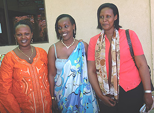 The new National Women Council (NWC) Chairperson Dr Diane Gashumba (C), her predecessor Oda Gasinzigwa (R) and the new Secretary, Flavia Sarafina, after the election. (Photo/ J. Mbanda).