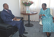 Foreign Affairs Minister Rosemary Museminali (R) and Eugene Serufuli when the latter and his delegation paid a courtesy call to the Minister.(Photo J Mbanda).