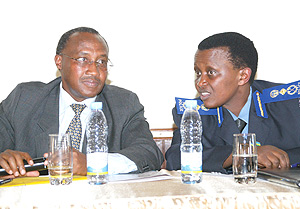 The Minister of local Government Protaise Musoni and acting Commisioner General of Police Mary Gahonzire at the meeting yesterday. (PhotoGBarya).