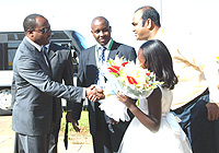 Cricket Icon Brian Lara (R) in a welcome handshake with national team captain Srinath Vardhineni as RCA president Charles Haba looks on. (Photo by G.Barya)