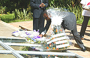 Cricket icon Brian Lara lays a wrath at Kigali Genocide memorial centre yesterday. (Photo/ G. Barya).