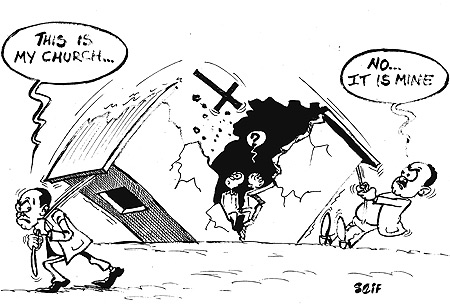 Power struggle splits city Pentecostal church.