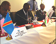 (L-R) Beya Kasongo (DRC) Emmanuel Manirakiza (Burundi), Anaclet Kalibata (Rwanda) and Toyi Gabriel sign the declaration.(Photo/ B. Mukombozi).