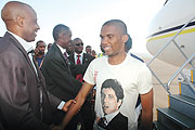WELCOME: The Africa Stars led by Cameroon striker Samuel Etou2019o were received at Kigali International Airport by Ferwafa boss Jean Bosco Kazura and Sports Minister Joseph Habineza among other government officials. (Photo/ J. Mbanda)