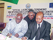 From Left; ICTR Registrar Adam Dieg, consults the President of High Court in Musanze Rugarwa Ruben while ICTR Spokes person Amoussouga looks on (Photo: B. Mukombozi)