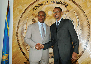 President Paul Kagame and actor Danny Glover after the latteru2019s courtsey call at Urugwiro Village yesterday. (Photo/ J. Mbanda).