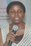 Victoria Namugala from Makerere University makes presentation during cancer awareness conference yesterday at Laico Hotel. (Photo/ J.Mbanda).