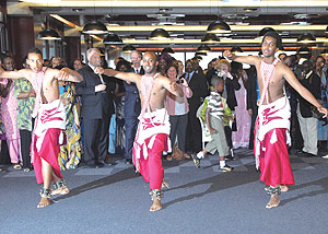 Urunana Youth Cultural Troupe Intore Dancers entertaining the guests at celebration to mark the 15th Anniversary of the Liberation Day in Geneva. (Courtesy photo)