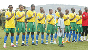 Amavubi Stars sing the national anthem before the Morocco game last year. Ferwafa have ruled out any arrangements for the national team playing build-up games in preparation for the game with Egypt in September.