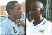 L-R: Rayon Sport:Baptiste Kayiranga was the last coach to win a trophy Rayon in 2005 before he was sacked,Atraco:Sam Timbe is chasing an unprecedented treble with the taxi-men side.