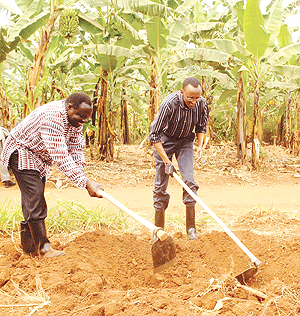 President Kagame and Minister Bazivamo during Umuganda in Rwamagana yesterday. (PPU photo )