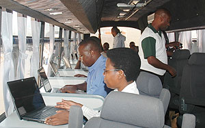 Inside one of the new mobile ICT buses on its way to Kigali (Photos J Mbanda)