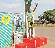 Adrien Niyonshuti celebrates winning the Tour of Rwanda in September last year.