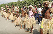 Congolese Traditional dancers who entertaining President Kagame upon his arrival at the border (Photo J Mbanda).