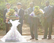 Dr. Ahn, Byung-Ook  2nd left together with the the NURC president Jean Baptiste Habyarimana laying a wreath at Gisozi memorial  yesterday (photo. C.Kwizera)