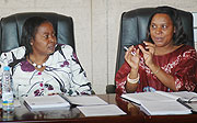 Out going FFRP chairperson Hon. SpecioseMukandutiye (R) addresses the media as her successor Sen.Maria Mukantabana looks on yesterday. (Photo; J Mbanda)