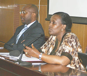  Rosemary Museminali and  Robert Masozera adressing members of the Diaspora yesterday. (Photo/ F. Goodman)