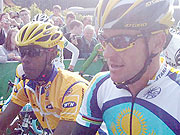 Niyonshuti and  Lance Armstrong getting ready for flag off yesterday.