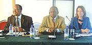 (L-R )United Nations Representative & Country Director, Balde Abdoulaye, Itorero Chairman Boniface Rucagu and VSO Chief Excutive, Marg Mayne during the conference.