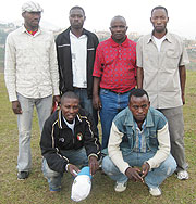 New Amagaju recruits: Standing(left to right) Pablo Nduwimana, Jamali Basabose, Sogonya Hamis Tchich (new head coach). Front row;  Raymond Ntamuhanga and Hussein Amani