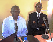 The Mayor of Rwamagana Valens Ntezirembo (R)and Willy Rukundo (L) in the Studio at the official lauch. Photo S Rwembeho