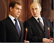 The two Russian strongmen Dmitry Medvedev and Vladimir Putin. They have decided to battle the Russian alcohol culture