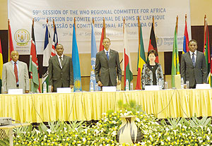 President Paul Kagame at the WHO meeting yesterday. He is flanked (L-R) former Botswana President Festus Mogae, Health Minister Dr. Richard Sezibera, WHO chief Margaret Chan and Luis Gomez Sambo, WHO Regional Director for Africa.(Photo: Urugwiro Village)