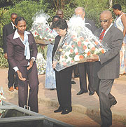 Botswanau2019s former President Festus Mogae at Kigali Genocide Memorial centre yesterday (Photo/ F. Goodman)